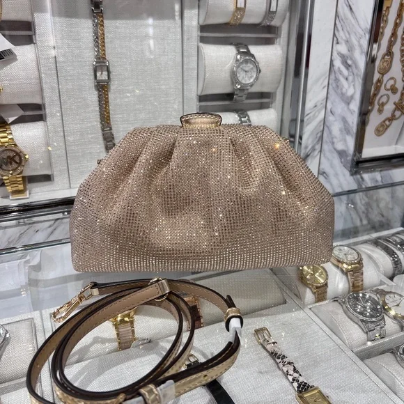 NWT MICHAEL MICHAEL KORS Nola Small Crystal Clutch Chain Crossbody pale gold - Picture 7 of 10